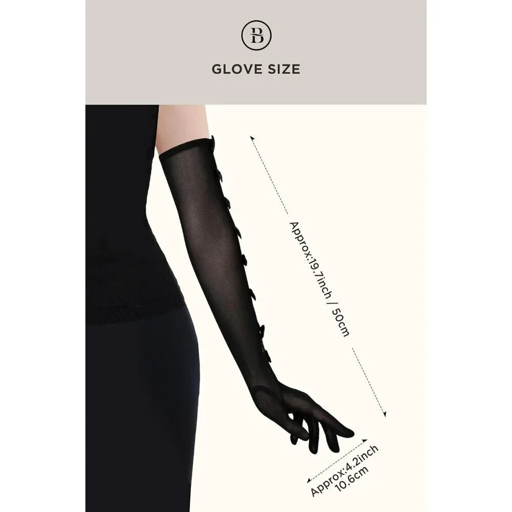 Women's Princess Black Long Sleeves Gloves Bow Lace Mesh Tulle Party Prom